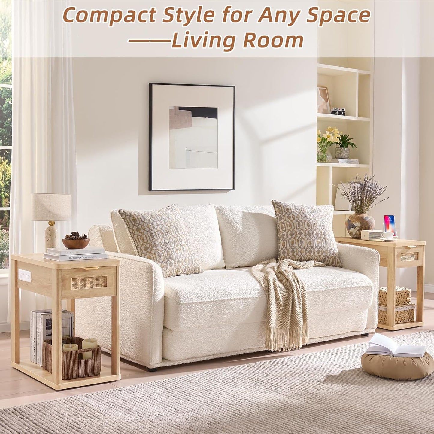 Narrow Side Table with Charging Station, 24X14''Rattan Night Stand with Drawer Storage, Natural Wood Bedside End Table for Small Spaces, Boho Nightstand for Living Room Bedroom