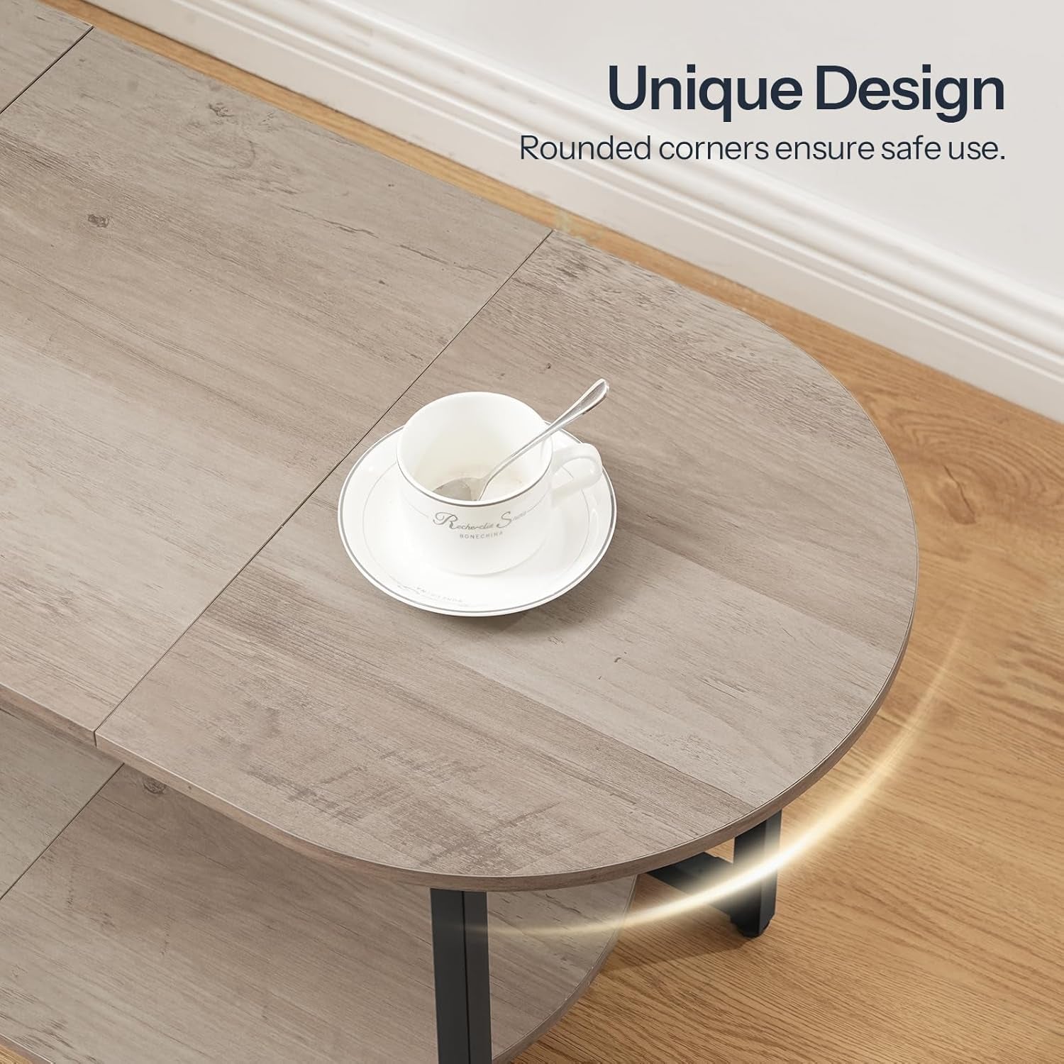 Coffee Table for Living Room, Oval Small Coffee Table with 2-Tier Open Storage Shelf, Industrial Cocktail Tea Table, Wooden Desktop Center Table, Farmhouse, Home Office, Greige BG09KF01