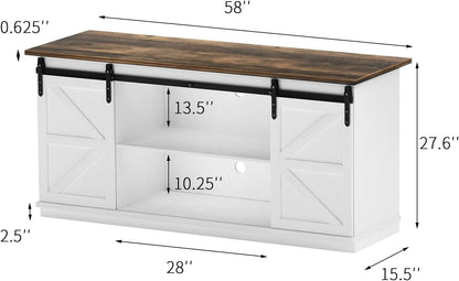 Farmhouse TV Stand for Televisions up to 65 Inches, Sliding Barn Doors and Storage Cabinets, Console Table and Media Furniture for Living Room, 58 Inch, Milk White