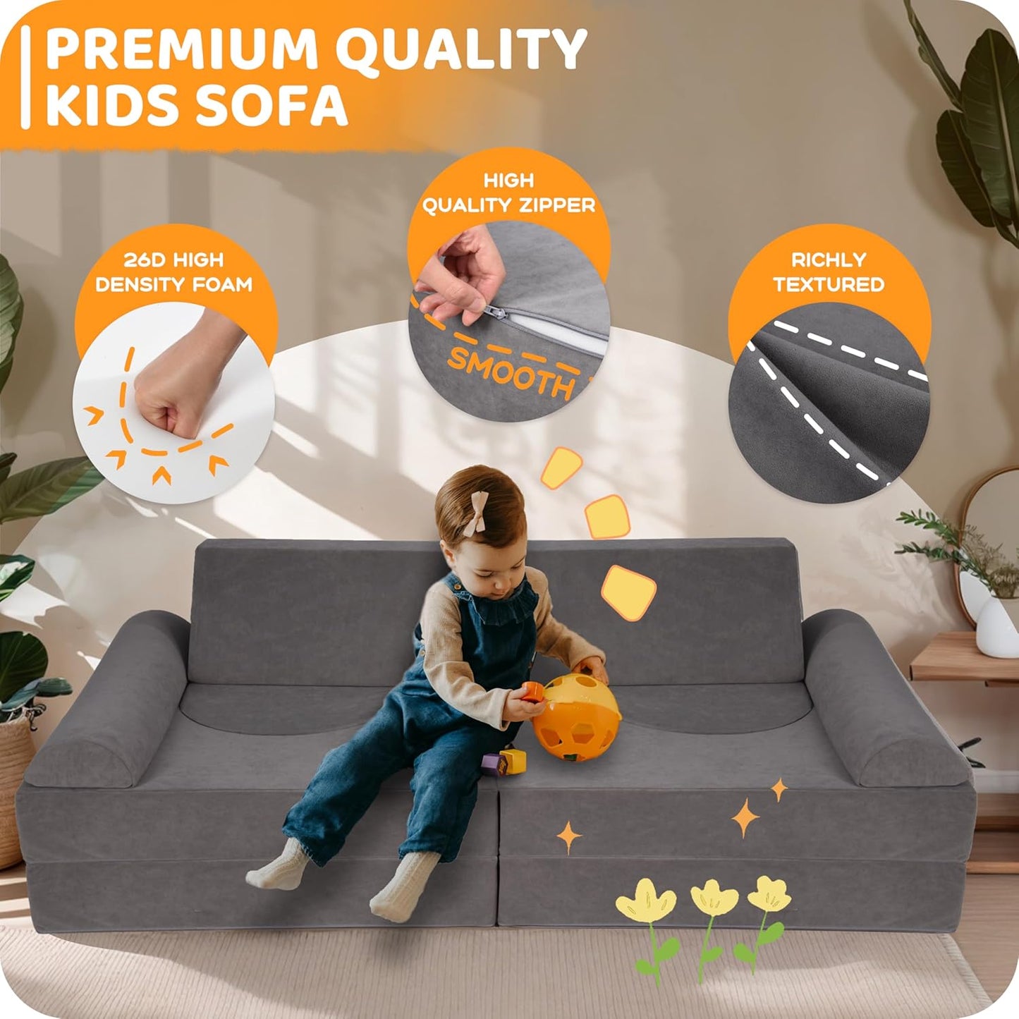 12-Piece Modular Kids Play Couch – Premium Soft Foam, Removable Cover, Comfortable & Safe Toddler Couch for Children 1-6 Years, Portable & Easy to Clean, Ideal for Living Room & Playroom