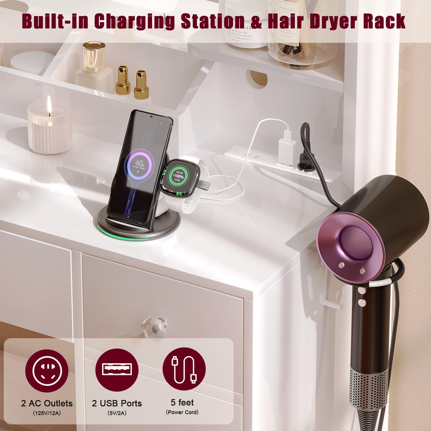 Makeup Vanity Desk with Mirror and Lights,Vanity Set with Mirror and Stool and Lights 3 Color,White Vanity Desk with Drawers,Make up Table with Power Outlet,Dressing Table with Cabinet,Storage Shelves