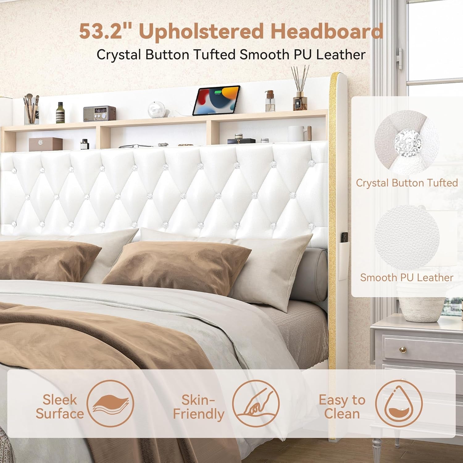 Queen LED Bed Frame with 2 Drawers, 53" Tall Platform Beds with Galaxy Star Projector Charging Station, PU Upholstered Diamond Tufted Aurora Bedframe with Storage Headboard, White