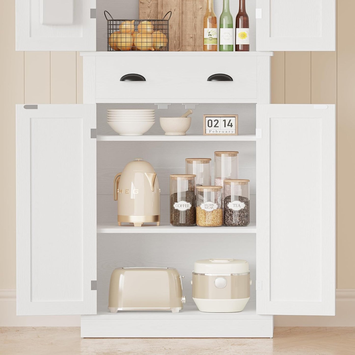 Kitchen Pantry Storage Cabinet 72.6" H X 24" W, with Barn Doors, Drawer, 4 Adjustable Shelves, Freestanding Cupboard, Laundry, White
