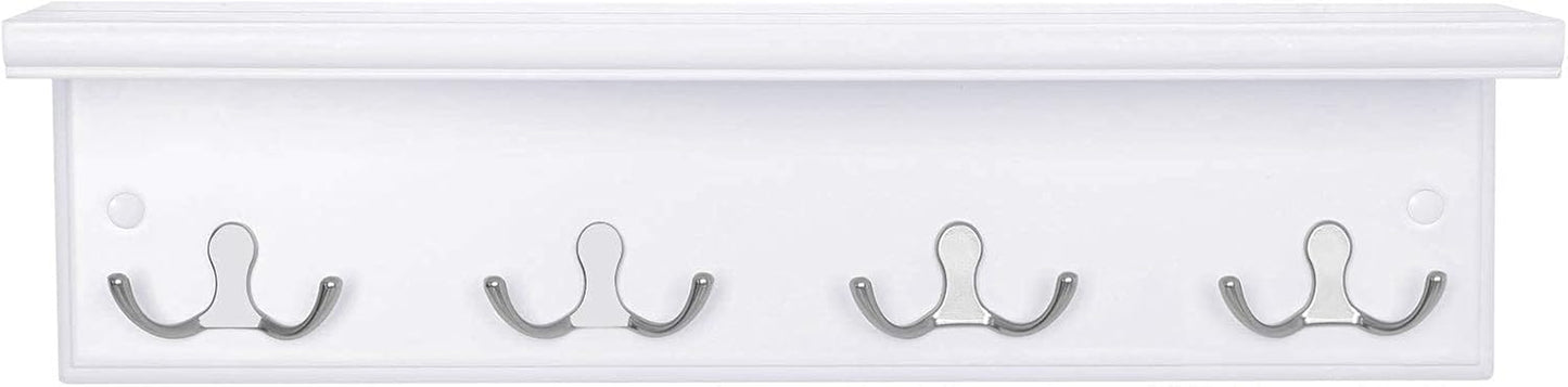 Entryway Hanging Coat Rack, Wall-Mounted Wooden Shelf, with 4 Double Hooks, Wall Floating Shelf, White ULHR42WT