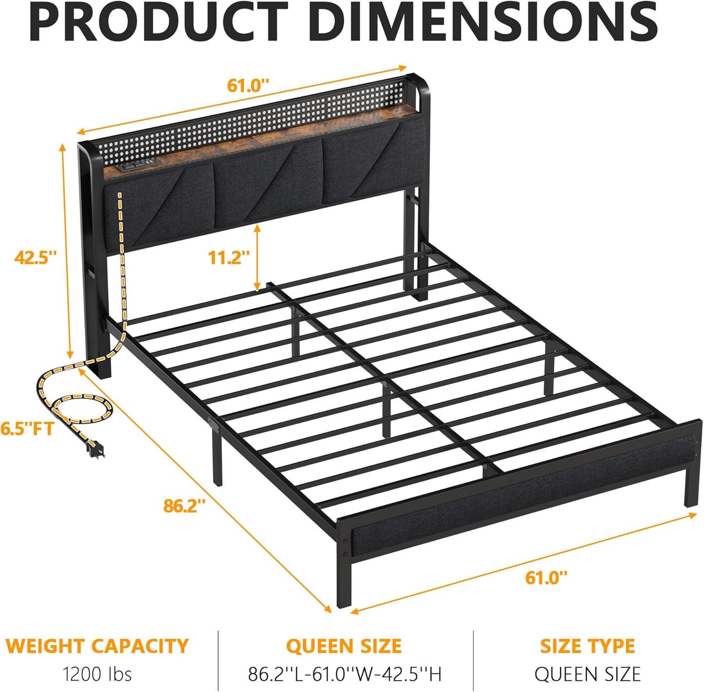 Queen Bed Frame with Headboard and Storage Shelf, LED Light and Charging Station, Metal Platform Bed with Heavy Duty Slats, No Box Spring Needed, Noise Free & Easy Assembly