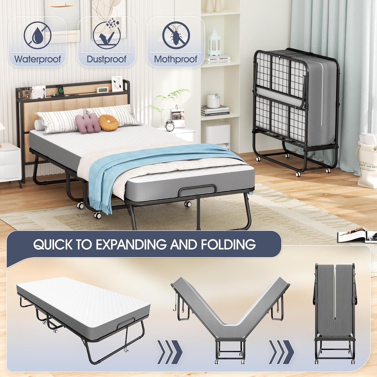 Folding Bed with Mattress, 75" X 31" - 5" Thick Memory Foam Mattress, Cot Size Portable Beds for Adults, Metal Bed Frame on Wheels for Guest, Space Saving Roll Away Beds for Easy Storage