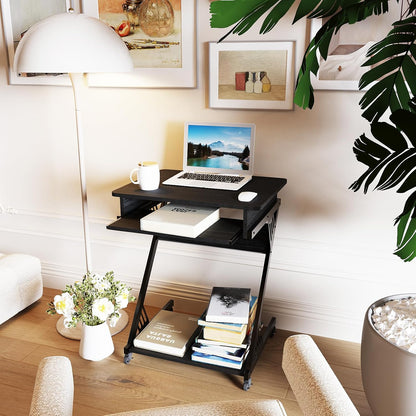 Computer Desk for Small Spaces,23.6" Z-Shaped Compact Study Table with Smooth Keyboard Tray,With Wheels and Bottom Shelves for Home Office，Computer Cart Mobile Laptop Cart