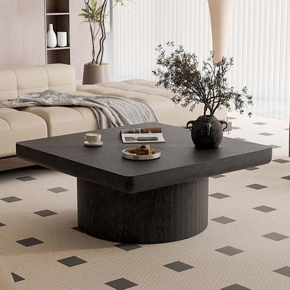 Modern Square Coffee Table with Cylindrical Base, Wood Coffee Table with Parquet Pattern & Thickened Tabletop, Center Table Tea Table for Living Room Apartment, 34.6''L×34.6''W×14.9''H, Black