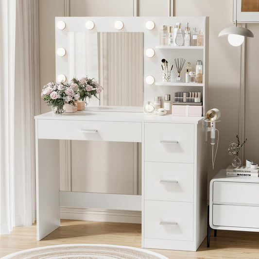 Vanity Desk with Mirror, 10 Lights, Power Outlet and 3 Storage Shelves, Makeup Table with 4 Drawers, 3 Color Modes, for Bedroom, White
