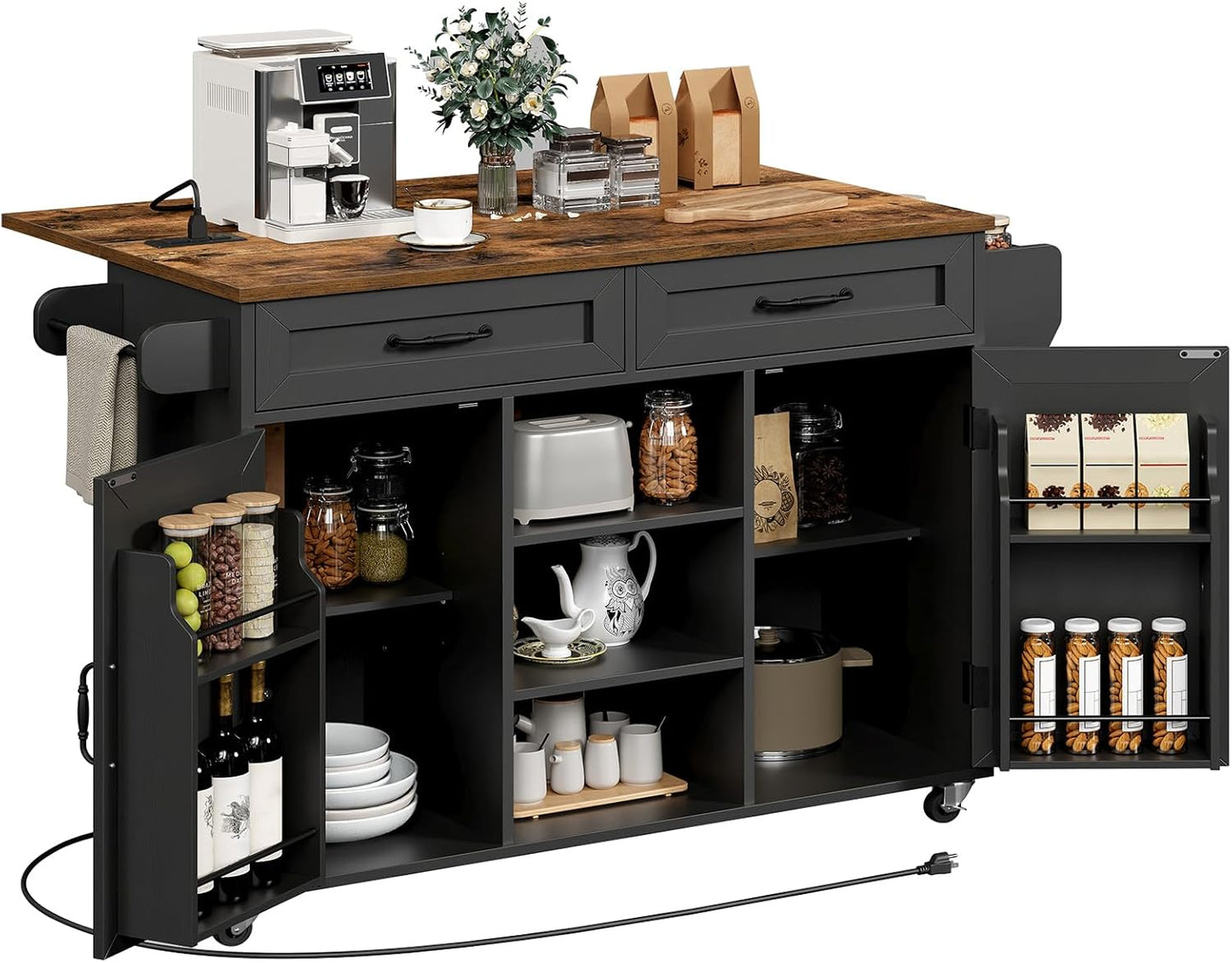 Kitchen Island with Power Outlets & Drop Leaf, Kitchen Cart with Storage, Drawer and Spice Rack, Tower Rack, Island Table, Black and Rustic Brown