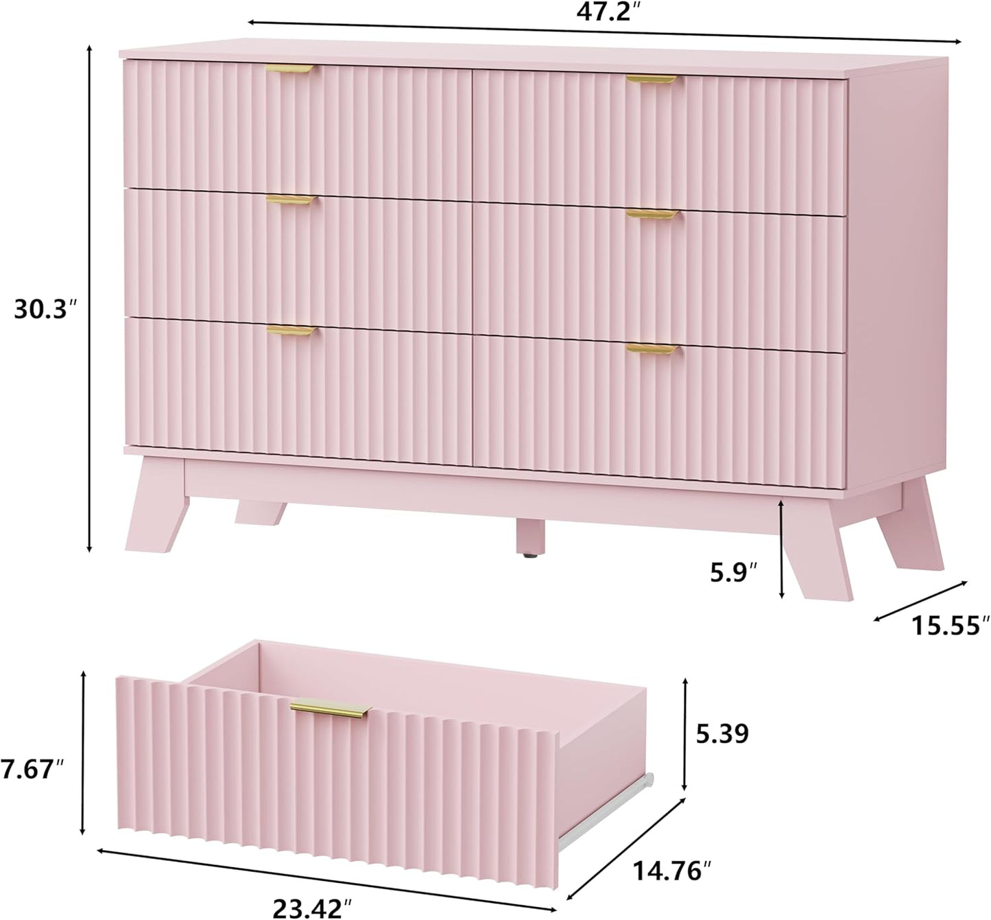 6 Drawer Dresser for Bedroom, Fluted Dressers Chest of Drawers with Gold Handle, Mid Century Modern Dresser for Closet, Wood Closet Storage Organizer Furniture for Bedroom, Living Room, Hallway, Pink