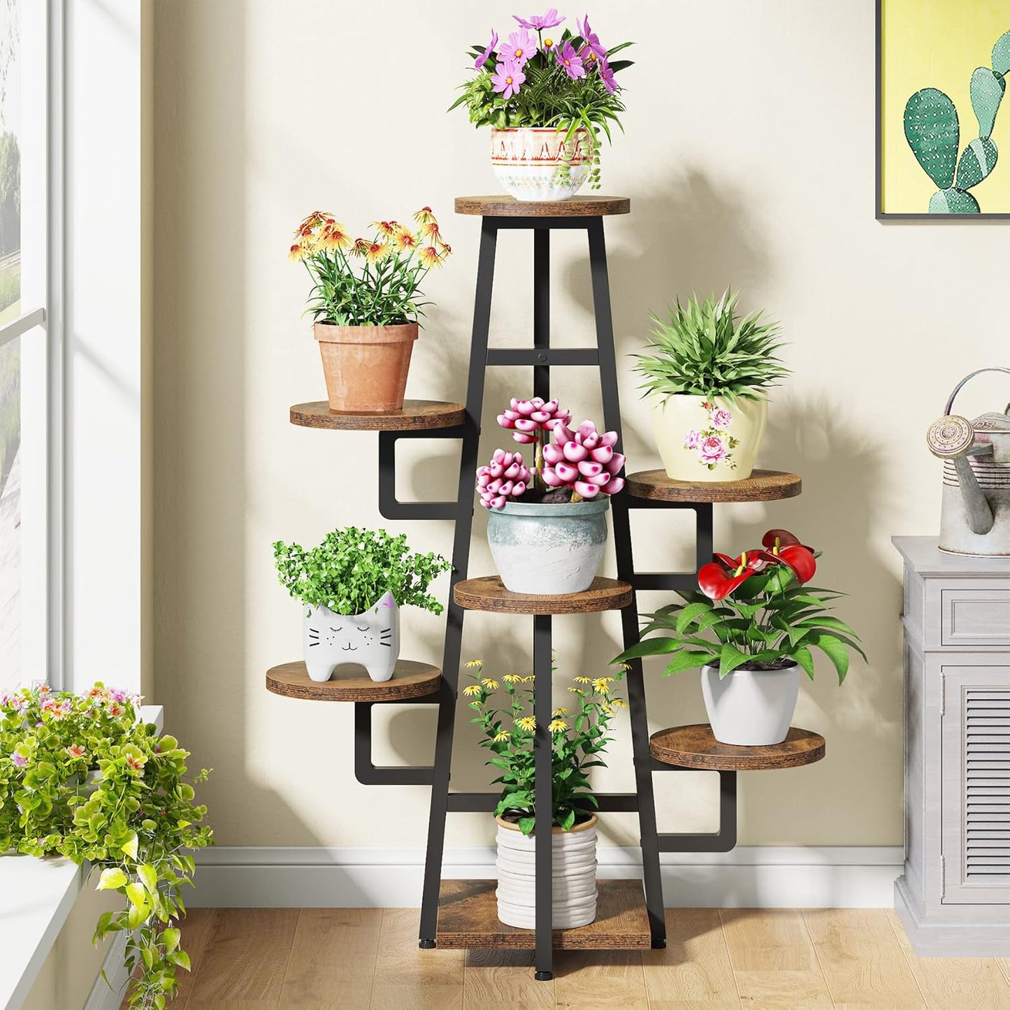 7 Tier Plant Stand Indoor for Multiple Plants, Wooden Corner Plant Pots Holder Rack Flower Stand Tall Shelf Planter Organizer for Living Room Balcony Garden, Rustic Brown