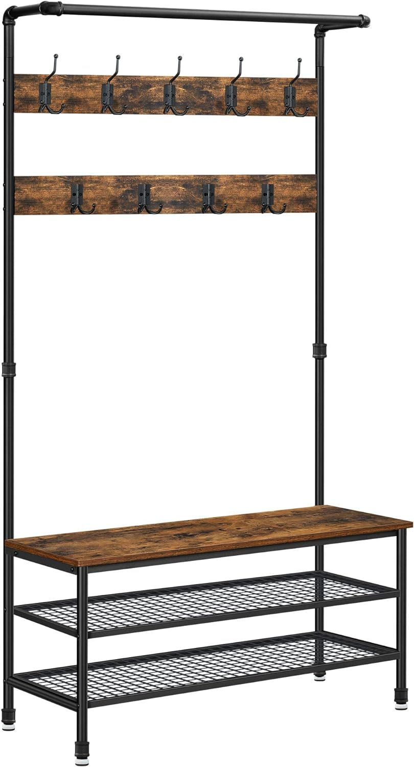 Coat Rack, 3-In-1 Hall Tree, Entryway Shoe Bench Coat Stand, Storage Shelves Accent Furniture Steel Frame Large Size, Industrial, Rustic Brown and Bronze UHSR45AX
