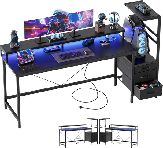 Gaming Desk with Power Outlets & LED Lights, Reversible Computer Desk with PC Case Stand, Fabric Drawers, Modern Office Desk with Shelves, Monitor Stand (Djk-Black, 60 Inch)