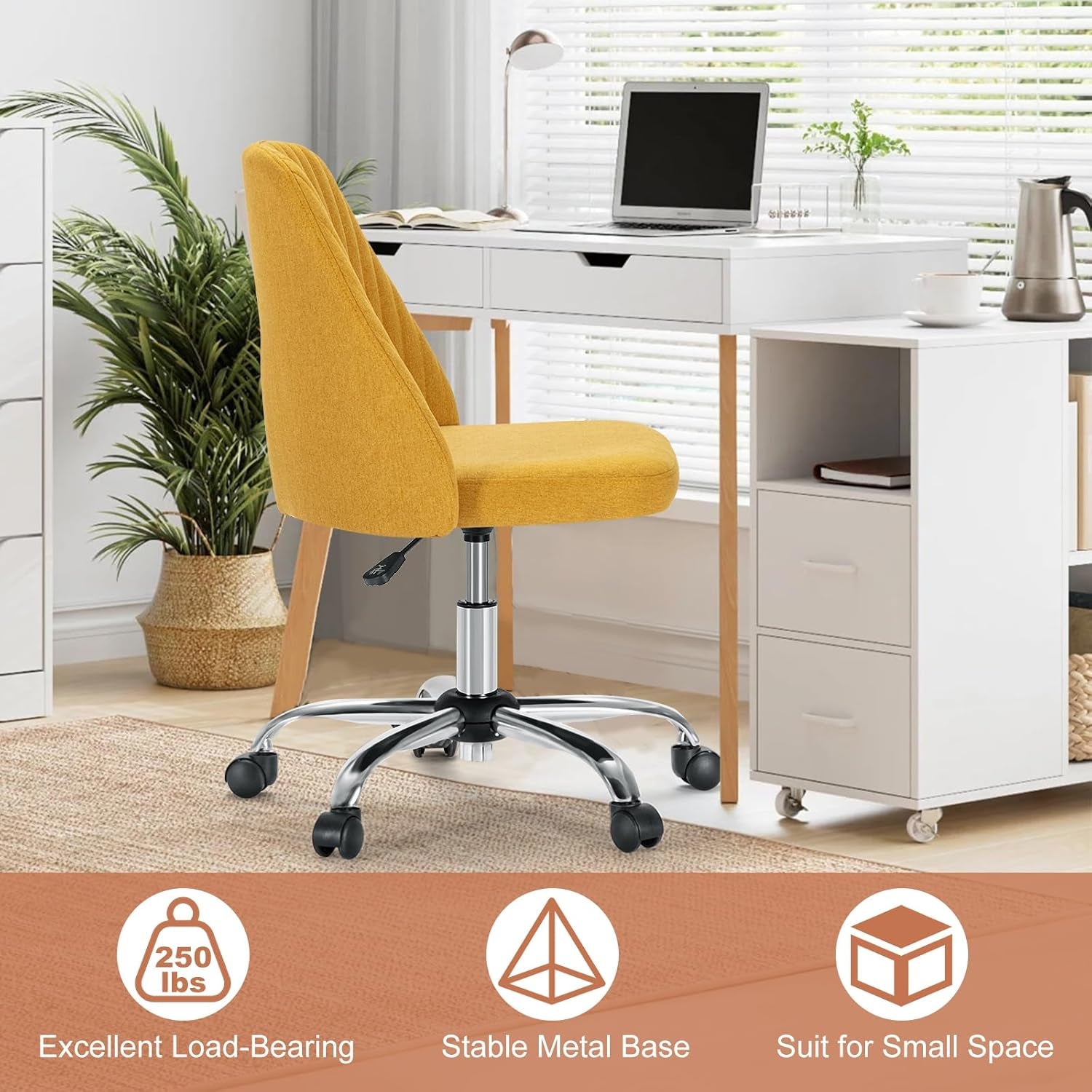 Office Desk Chair, Modern Cute Rolling Vanity Swivel Task Chairs with Wheels, Comfortable Back Seat Armless for Home, Bedrooms, Office, Study, Student, Adults, Make-Up, Dressing Room, Yellow