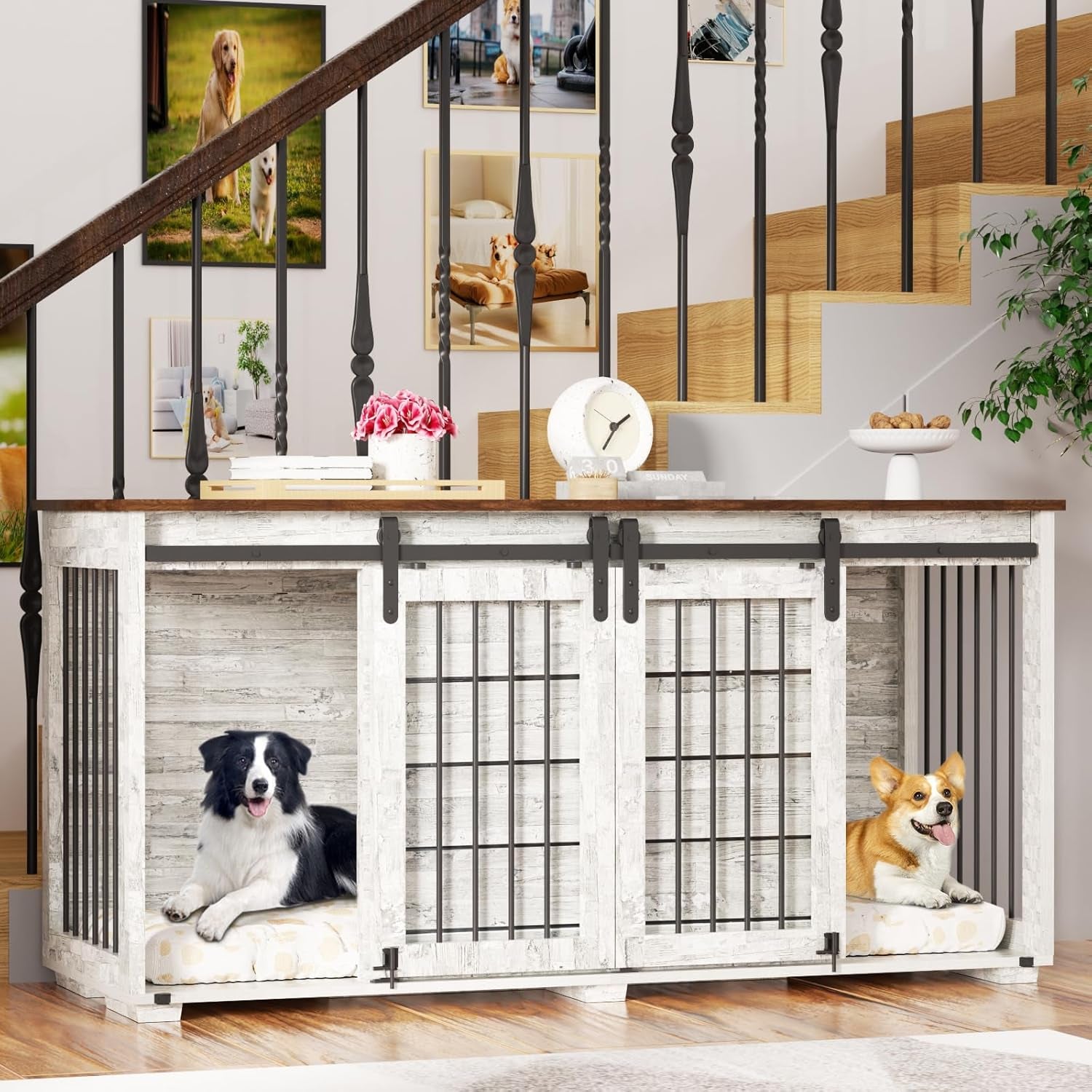 Dog Crate Furniture, 63''Wooden Dog Kennel with Removable Divider and Sliding Door, Dog Crates with Double Rooms, Heavy Duty Dog Crate Table Indoor TV Stand for Small Medium Large Dogs