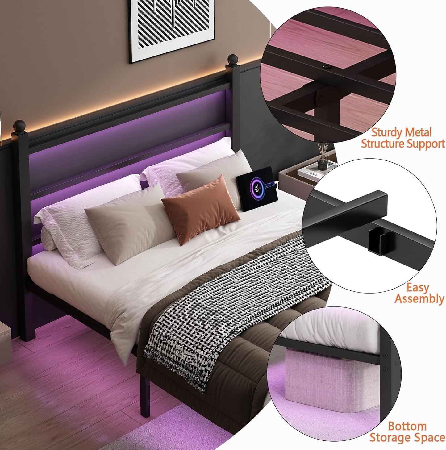 Full Size Bed Frame with Headboard and Footboard,Steel Slats Support-Led Bed Frame with USB Charging Station,Mattress Foundation-Under Bed Storage, No Box Spring Needed,Noise Free,Black