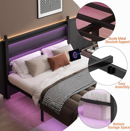 Full Size Bed Frame with Headboard and Footboard,Steel Slats Support-Led Bed Frame with USB Charging Station,Mattress Foundation-Under Bed Storage, No Box Spring Needed,Noise Free,Black