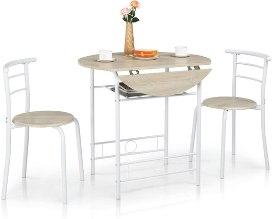 31.5" Drop Leaf Dining Table 3 Pieces for Small Space,Small Kitchen Table Set for 2,Round Folding Table with 2 Chairs for Home,Kitchen,Apartment,White&Oak