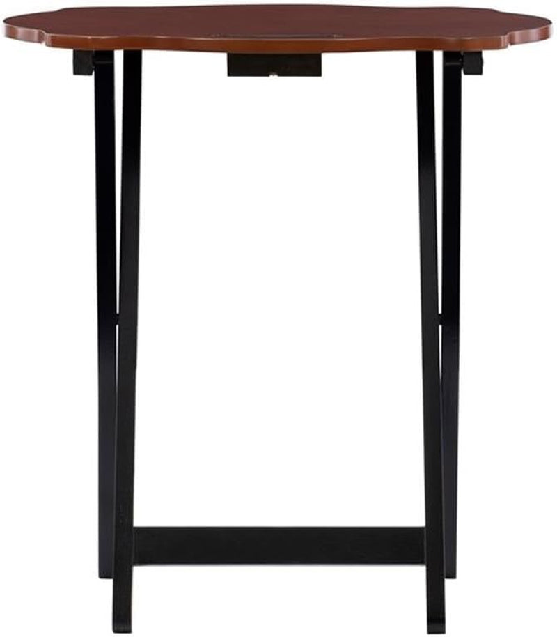 Traditional 5-Piece Okume Veneer and Solid Wood Tray Table Set with Base and Curvy Shaped Trays in Hazelnut and Black