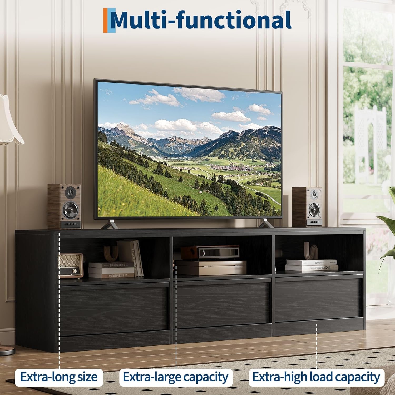 70 Inch TV Stand for 80" Tvs, Mid Century Modern Entertainment Center with Storage Drawer & Open Shelves, Wood Media Console Cabinet for Living Room/Bedroom, Black