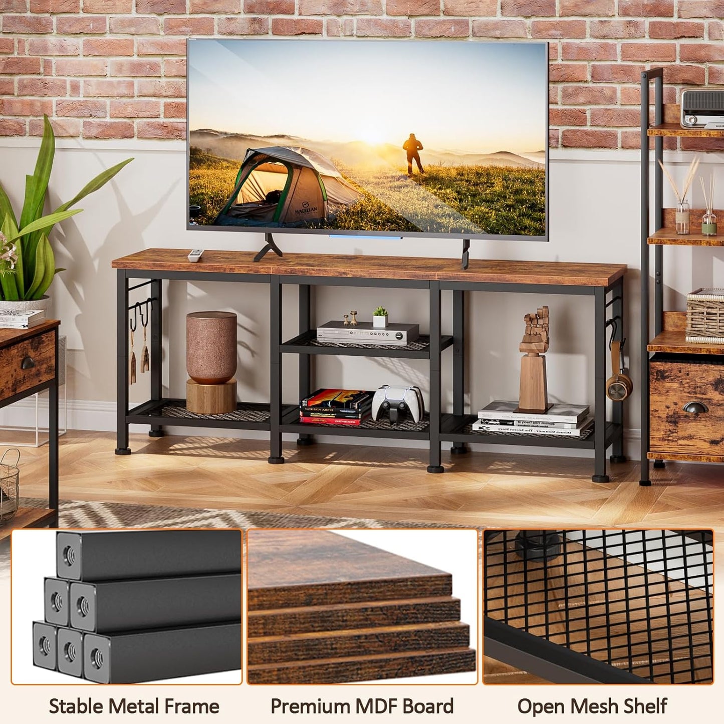 TV Stand for Tvs up to 55 Inch, Entertainment Center with Open Storage Shelves, Media Console Table with Soundbar Shelf for Living Room, Bedroom, Rustic Brown