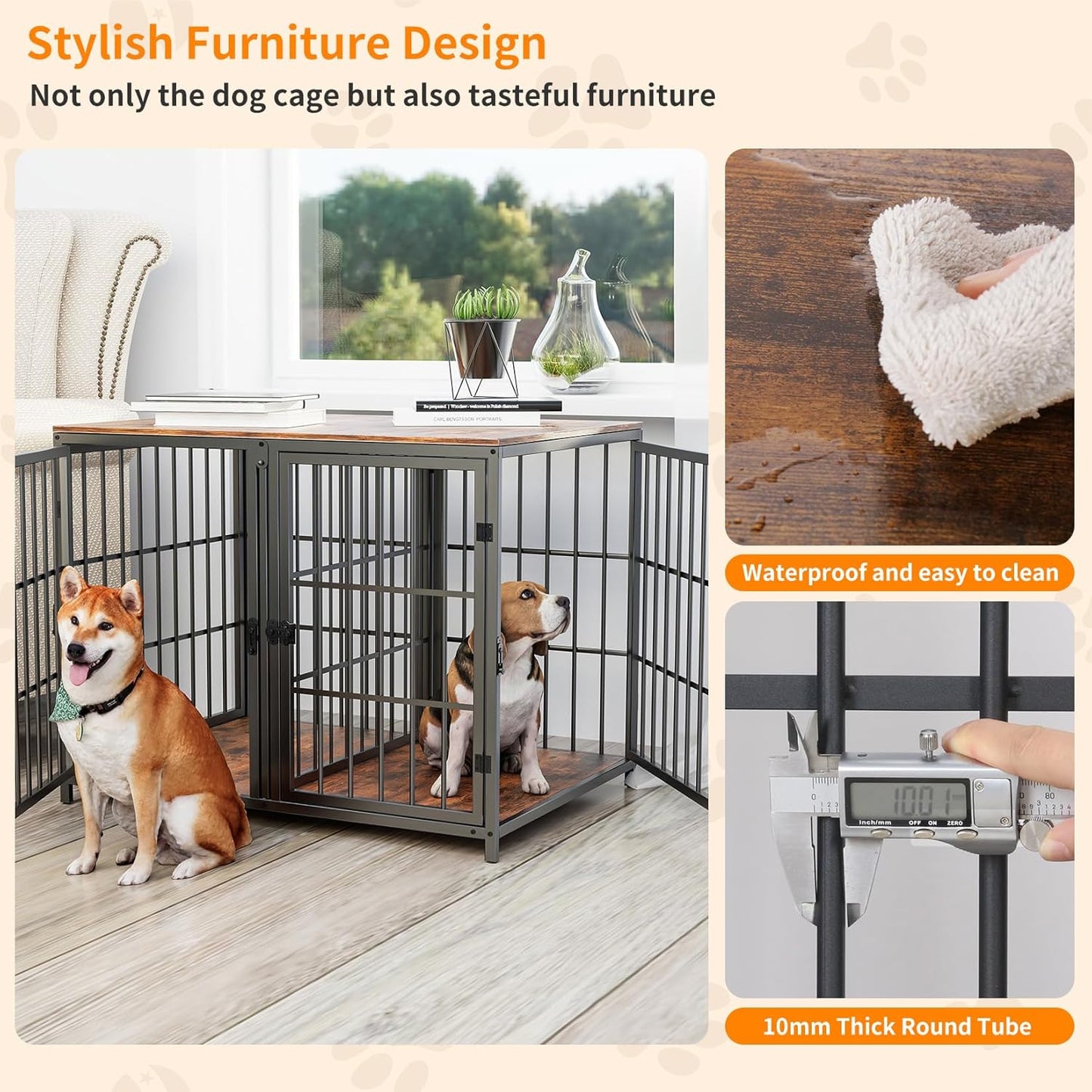 Heavy Duty Dog Crate Furniture: 42Inch Wooden Side Table Metal Cage with Three Doors and Removable Tray - Xlarge Indoor Pet Sturdy House with Wire Mesh Bottom Modern Dog Cabinet for Medium Large Dogs