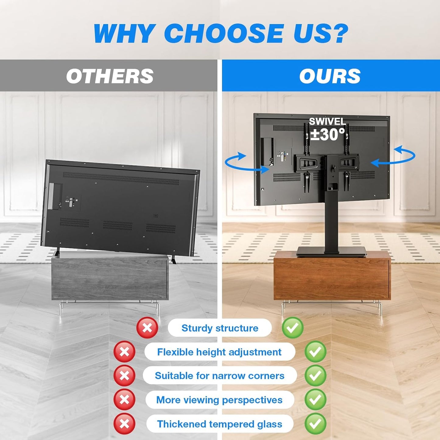 Universal Swivel TV Stand Table Top TV Stand for 32-65,70,75 Inch LCD LED TV up to 110 Lbs -Height Adjustable Center Pedestal Stand Replacement with Heavy Duty Tempered Glass Base