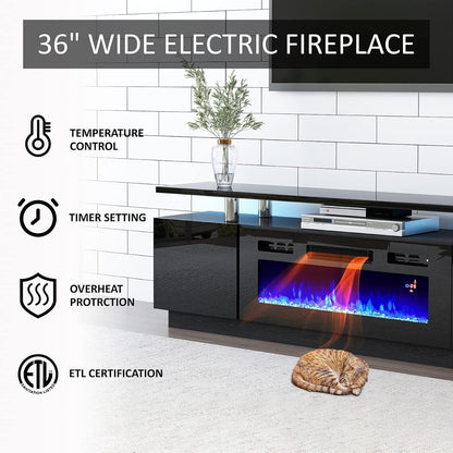 110" Large Fireplace TV Stand Set with 36" Electric Fireplace, Includes 70" 2-Tier Fireplace TV Stand, 2 X End Tables, Modern High Gloss TV Console with LED Light for Living Room, Black