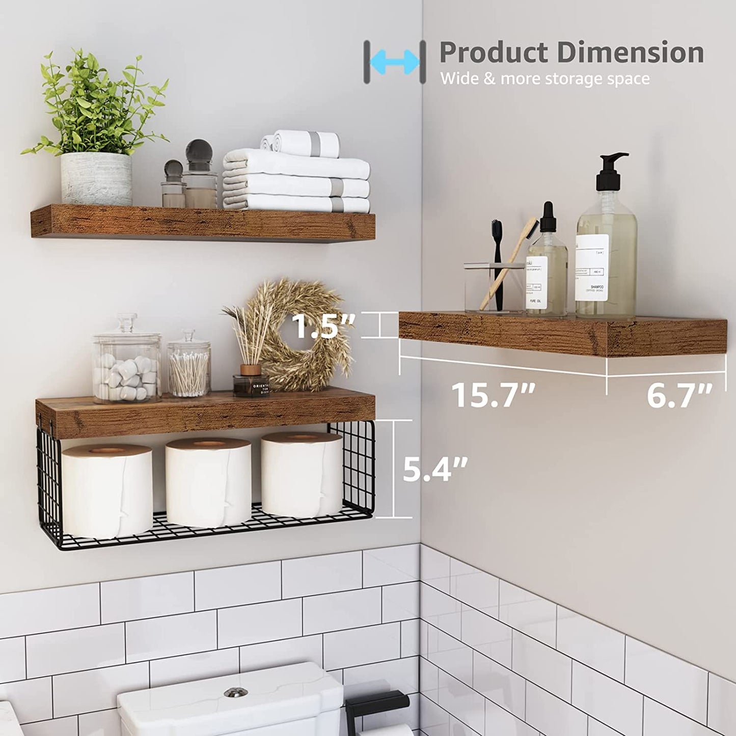 Bathroom Shelves over Toilet - Wall Mounted Floating Shelves Toilet Paper Storage Small Farmhouse Decor Shelf 16 Inch Set of 3, Rustic Brown (019-BN3)