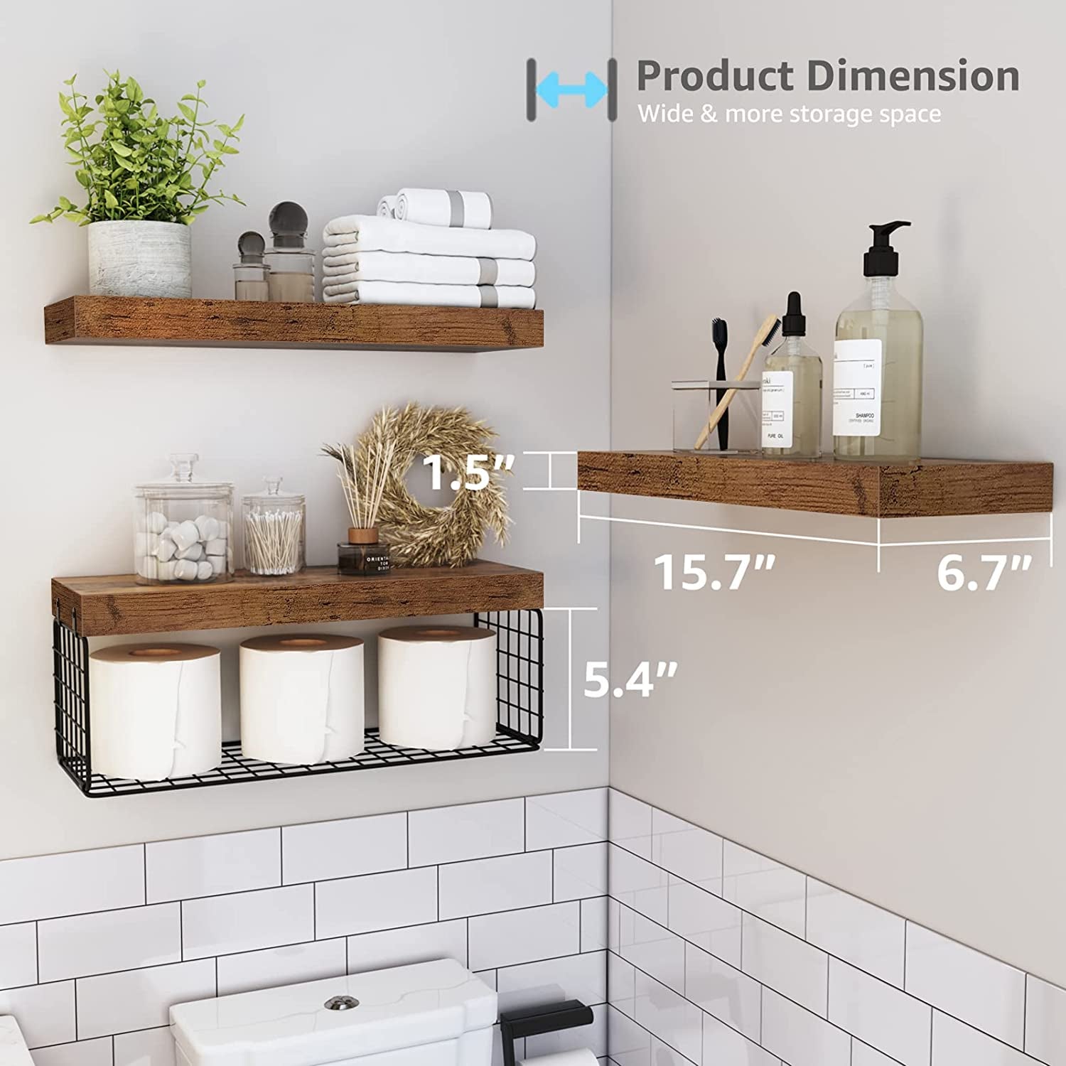 Bathroom Shelves over Toilet - Wall Mounted Floating Shelves Toilet Paper Storage Small Farmhouse Decor Shelf 16 Inch Set of 3, Rustic Brown (019-BN3)