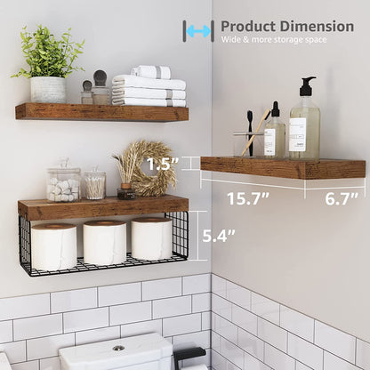Bathroom Shelves over Toilet - Wall Mounted Floating Shelves Toilet Paper Storage Small Farmhouse Decor Shelf 16 Inch Set of 3, Rustic Brown (019-BN3)