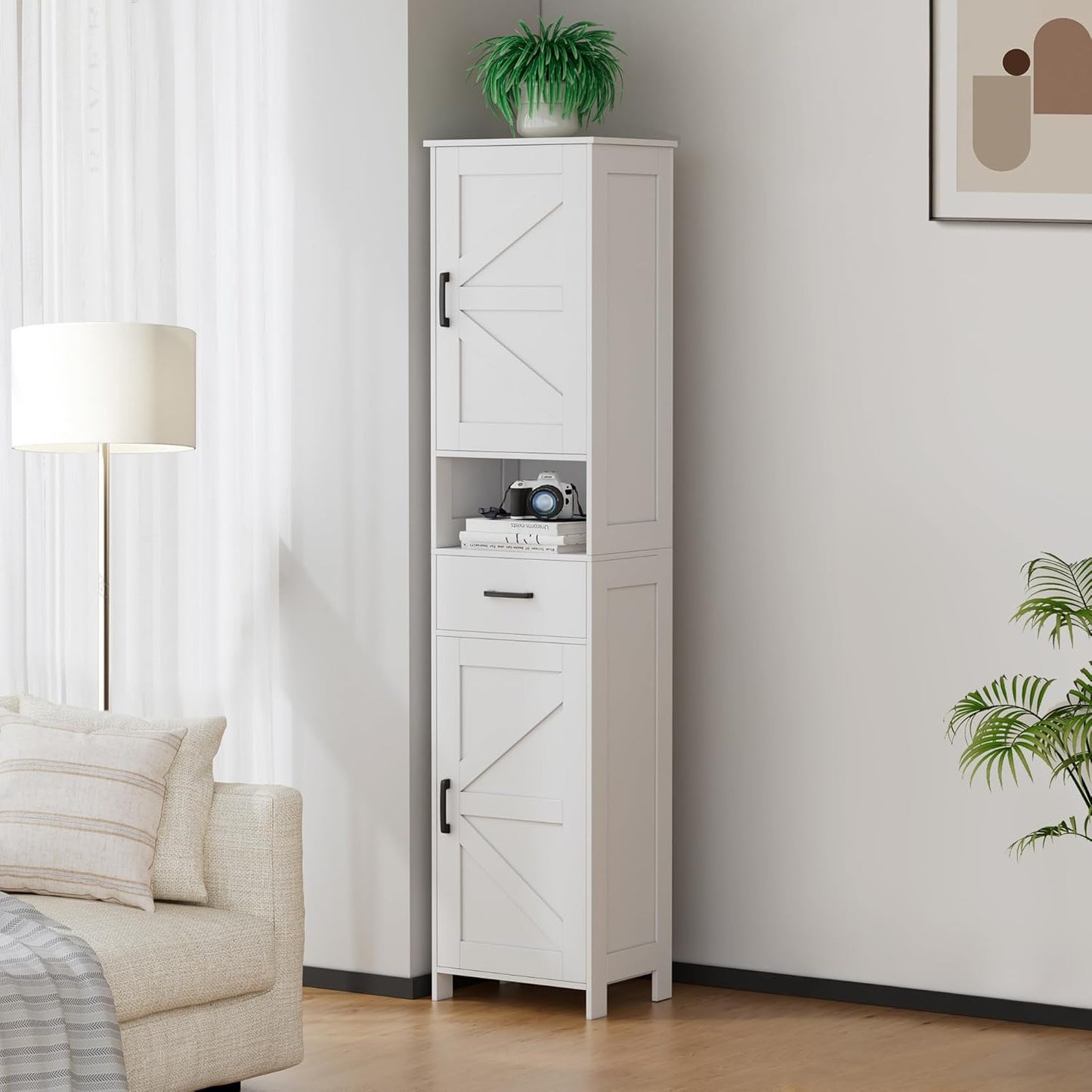 67" H Tall Bathroom Storage Cabinet with 2 Barn Doors and 1 Drawer, Narrow Storage Unit, Adjustable Shelves, Floor Cabinet for Bathroom, Living Room, Entryway, Kitchen, White, (15.7" W)