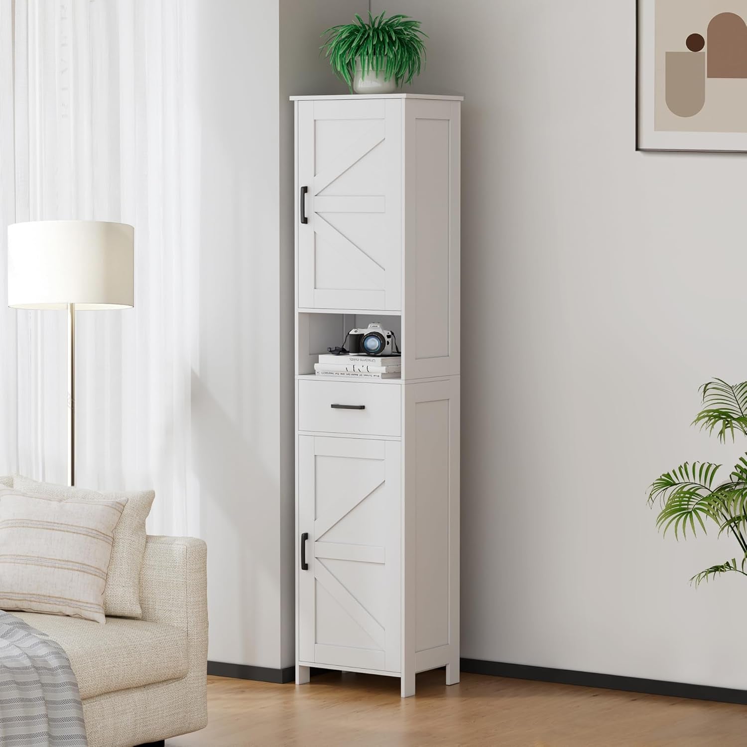 67" H Tall Bathroom Storage Cabinet with 2 Barn Doors and 1 Drawer, Narrow Storage Unit, Adjustable Shelves, Floor Cabinet for Bathroom, Living Room, Entryway, Kitchen, White, (15.7" W)