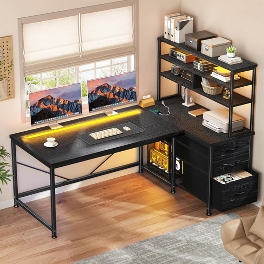 55''Gaming Desk L Shaped Desk with 3 Fabric Drawers & Shelf, Reversible Computer Desk with Remote LED Lights, Power Outlet of Home Office Desk for Bedroom,Dorm,Black