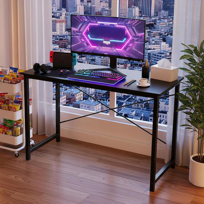 40 Inch Computer Office Desk for Small Spaces, Writing Gaming Work Desk Modern Study Table with Storage Bag & Headphone Hook Home Bedroom, Black
