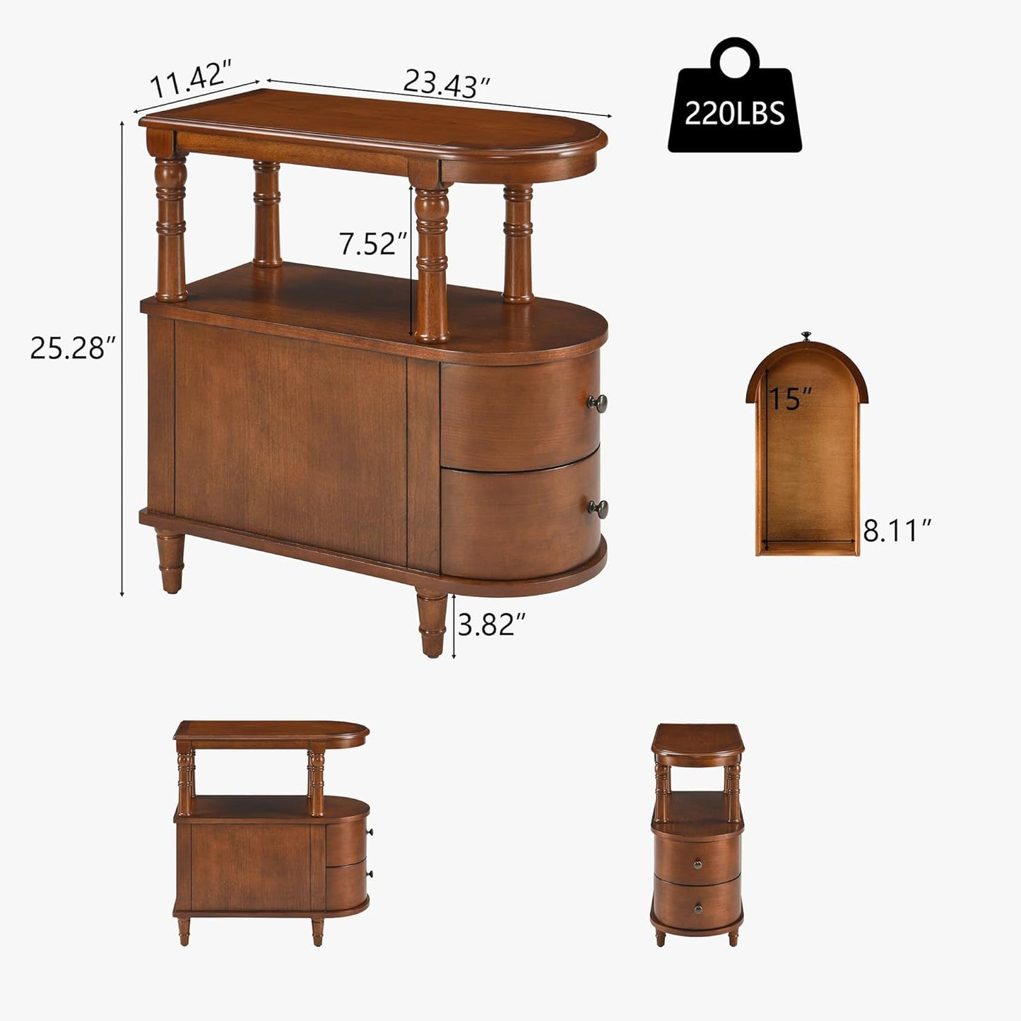 Solid Wood End Table with 2 Drawers, Narrow Sofa Side Table Slim Chair Side Table with Storage Shelf, Vintage Slim Nightstand Bedside Table, Beewax Tone，Bg-A508-Mg