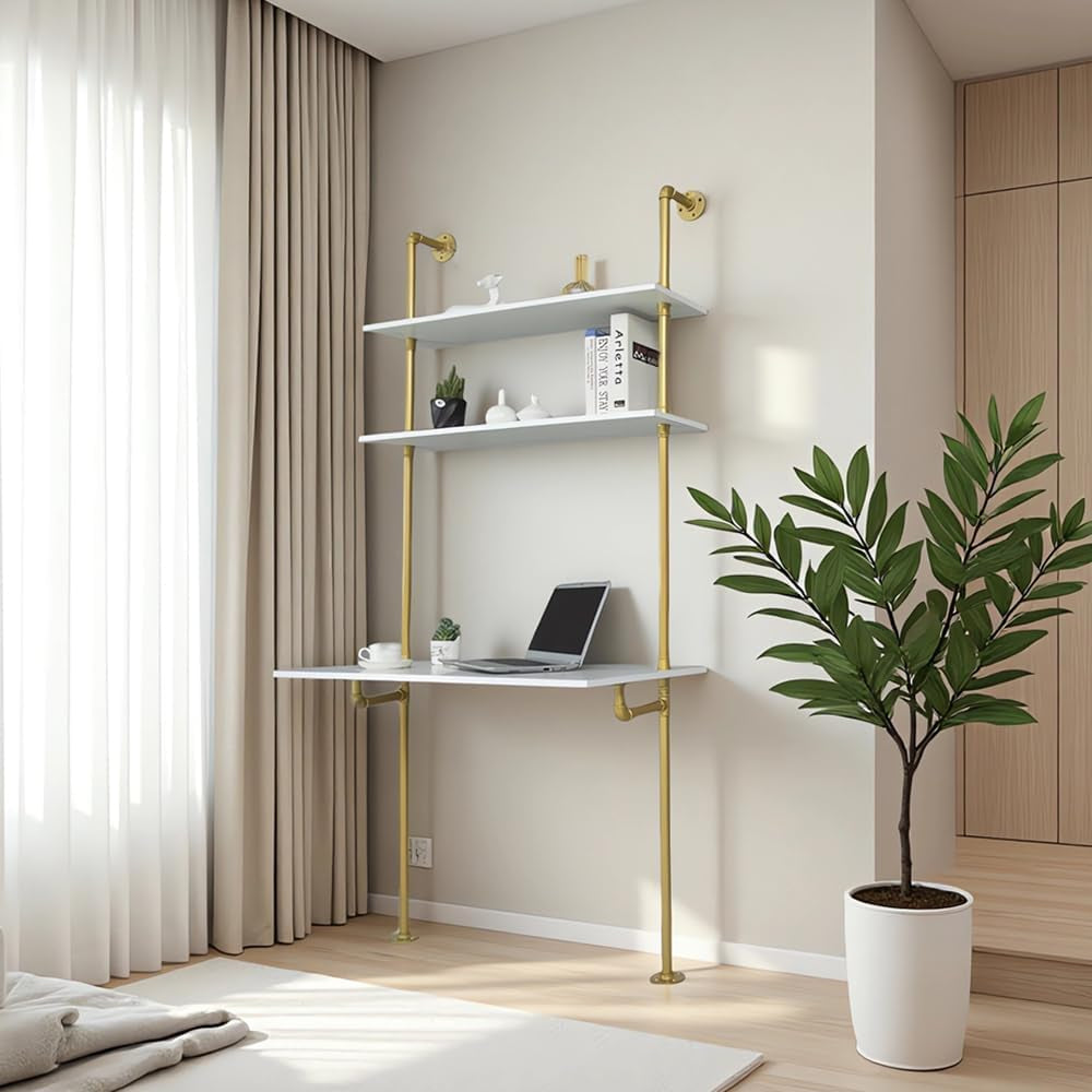 White and Gold Desk, 36" Ladder Desk, Wall Mount Computer Writing Table Pipe Shelf Shelving Mini Narrow Industrial Modern for Small Spaces(36X20X81)