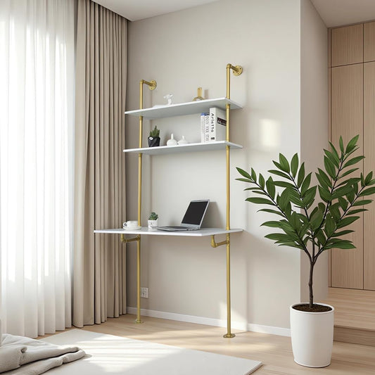White and Gold Desk, 36" Ladder Desk, Wall Mount Computer Writing Table Pipe Shelf Shelving Mini Narrow Industrial Modern for Small Spaces(36X20X81)
