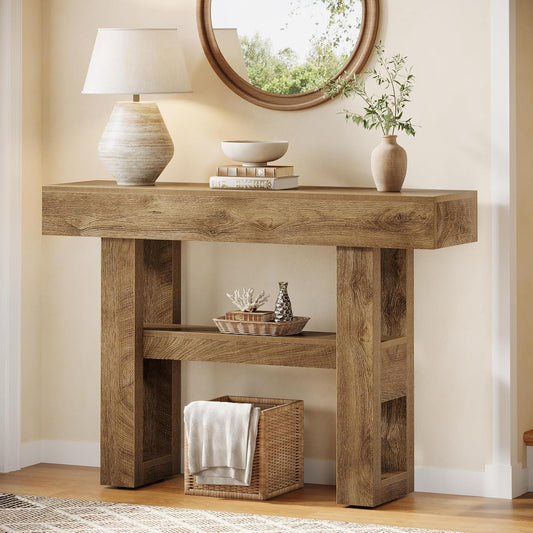 41.34-Inch Farmhouse Console Table, 2-Tier Narrow Sofa Table behind the Couch, Entryway Furniture with Storage Shelves for Hallway Foyer Living Room, Light Brown