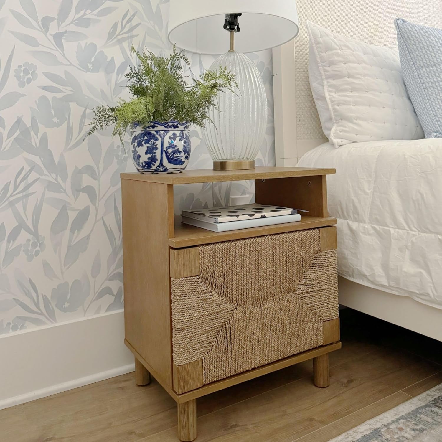 Beacon Wood Nightstand, Bohemian Accent Table or Sofa Side Table with Seagrass Door for Bedroom or Living Room, Light Brown