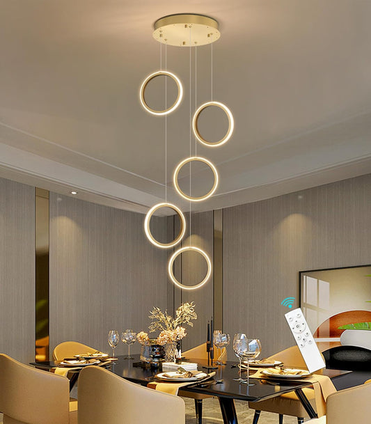 5 Rings Modern LED Chandelier Dimmable Dining Room Light Fixture with Remote 45W Gold Pendant Light for Living Room Foyer