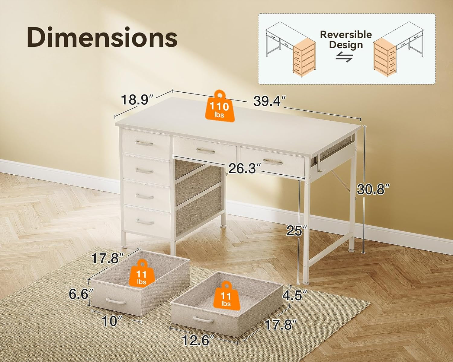 Computer Desk with 6 Drawers, 40 Inch Small Desk with Storage, Reversible Desk with Headphone Hook for Home Office, Work Study Table for Bedroom, White