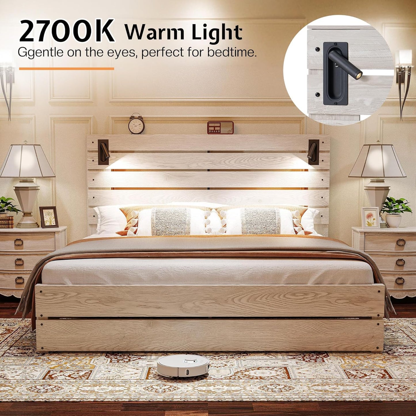 King Size Farmhouse Bed Frame with 51" Headboard, LED Lights, Rustic Wood Look, No Box Spring Needed, Ash White