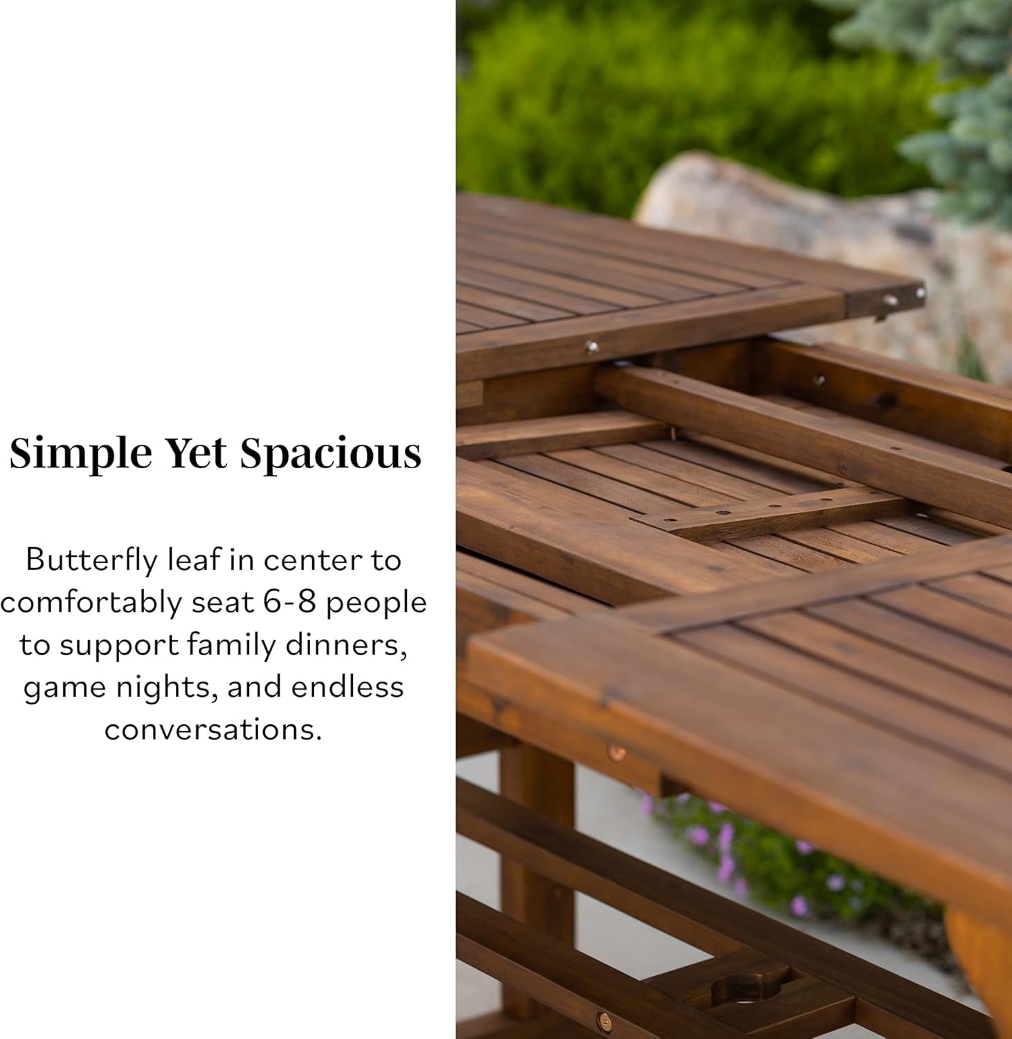 Maui Modern Solid Acacia Wood Slatted Patio Dining Table, 78 Inch, Dark Brown
