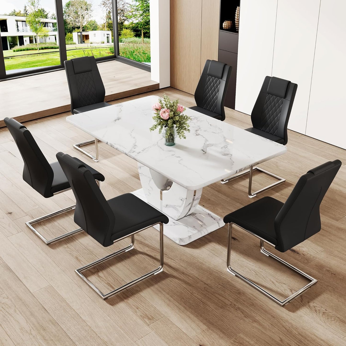 Dining Table Set for 6, Kitchen Table Chairs Set of 6, Modern Dining Room Set with 63'' Marble Dinner Table PU Leather Upholstered Chairs for Kitchen (Black-C, White Table with 6 Chairs)