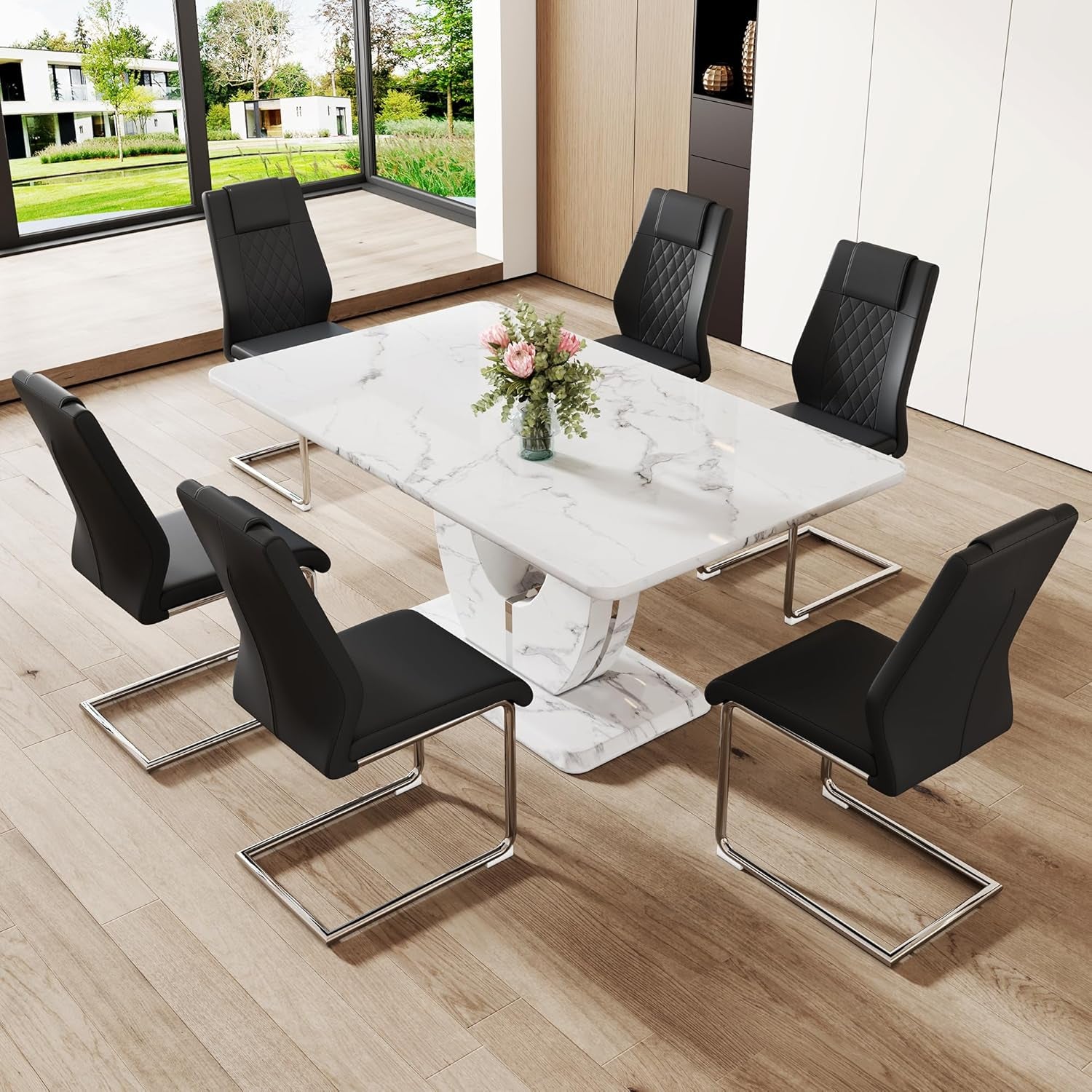 Dining Table Set for 6, Kitchen Table Chairs Set of 6, Modern Dining Room Set with 63'' Marble Dinner Table PU Leather Upholstered Chairs for Kitchen (Black-C, White Table with 6 Chairs)