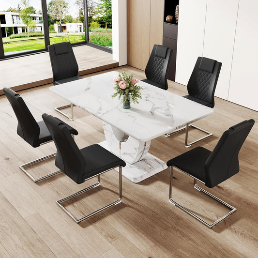 Dining Table Set for 6, Kitchen Table Chairs Set of 6, Modern Dining Room Set with 63'' Marble Dinner Table PU Leather Upholstered Chairs for Kitchen (Black-C, White Table with 6 Chairs)