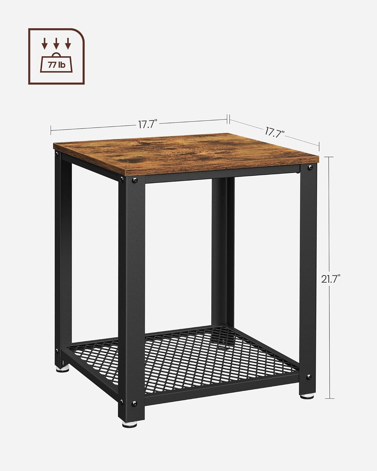 Side Table, 2-Tier Nightstand, End Table with Mesh Shelf, Steel Frame, Adjustable Feet, for Living Room, Bedroom, Industrial Style, Rustic Brown and Black ULET41X, 17.7 X 17.7 X 21.6 Inch