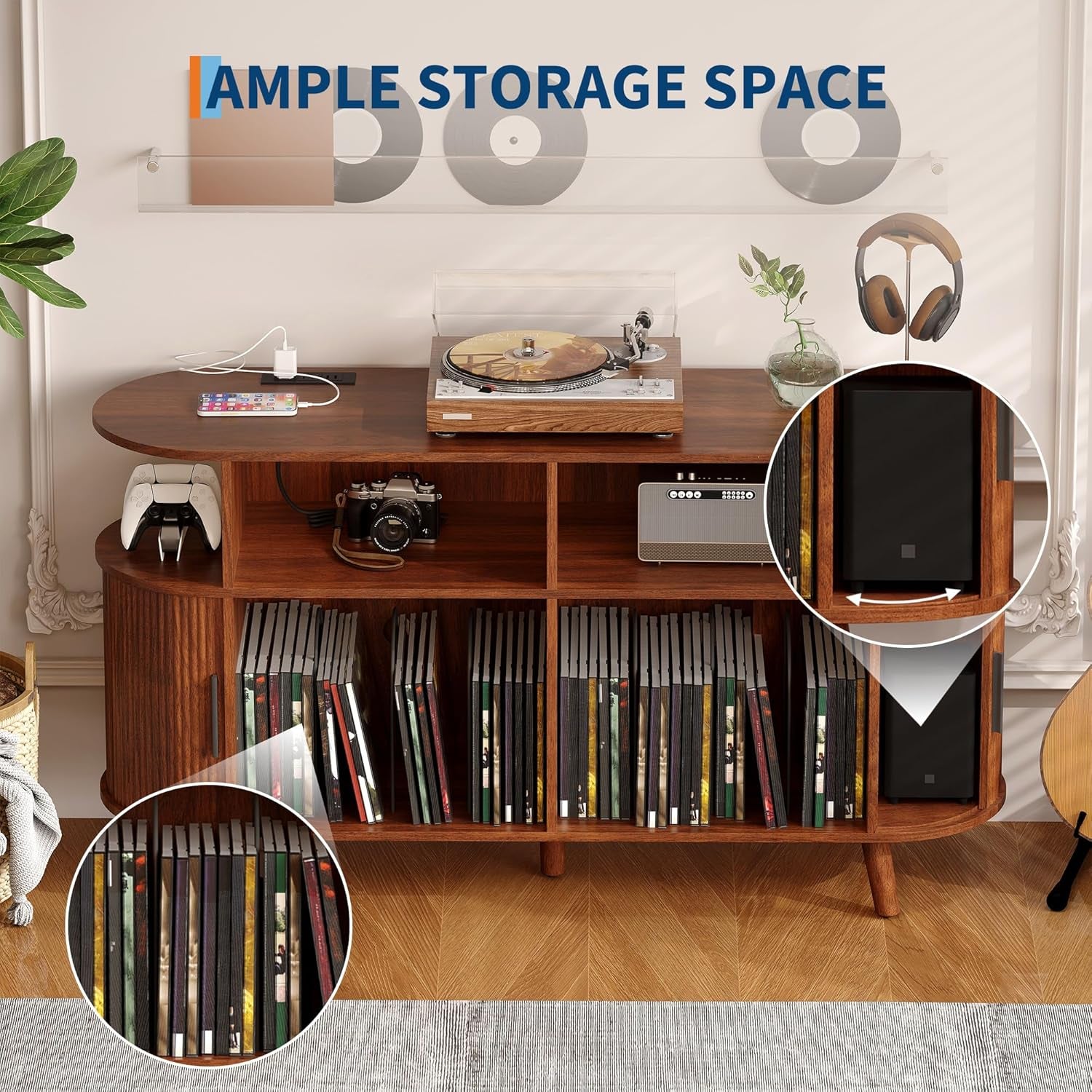 55" Large Record Player Stand with Vinyl Storage – round Mid-Century Record Player Table Rustic Turntable Stand with Open Display Shelves, Charging Station, Media Cabinet for Office & Home